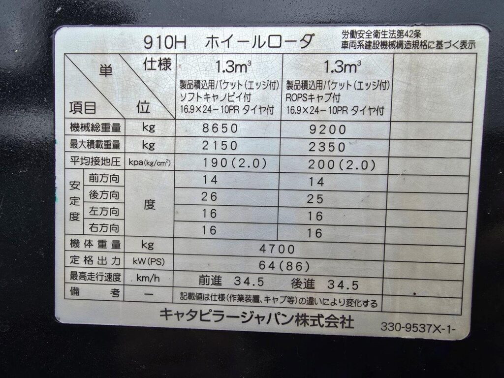 平成23年　CAT　910H　1.3㎥　スノースパイクタイヤ装着車・バケットシャッター付（車検令和7年12月）　